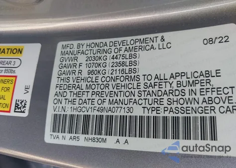 2022 Honda Accord Sport Special Edition z USA, uszkodzony, nr VIN 1HGCV1F49NA077130